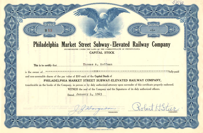 Philadelphia Market Street Subway-Elevated Railway Co. - 1963 dated Subway Stock Certificate